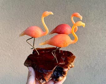 1977 John Perry Studio Pink Flamingos Sculpture on Burlwood Base (Cracked), Natural Decor