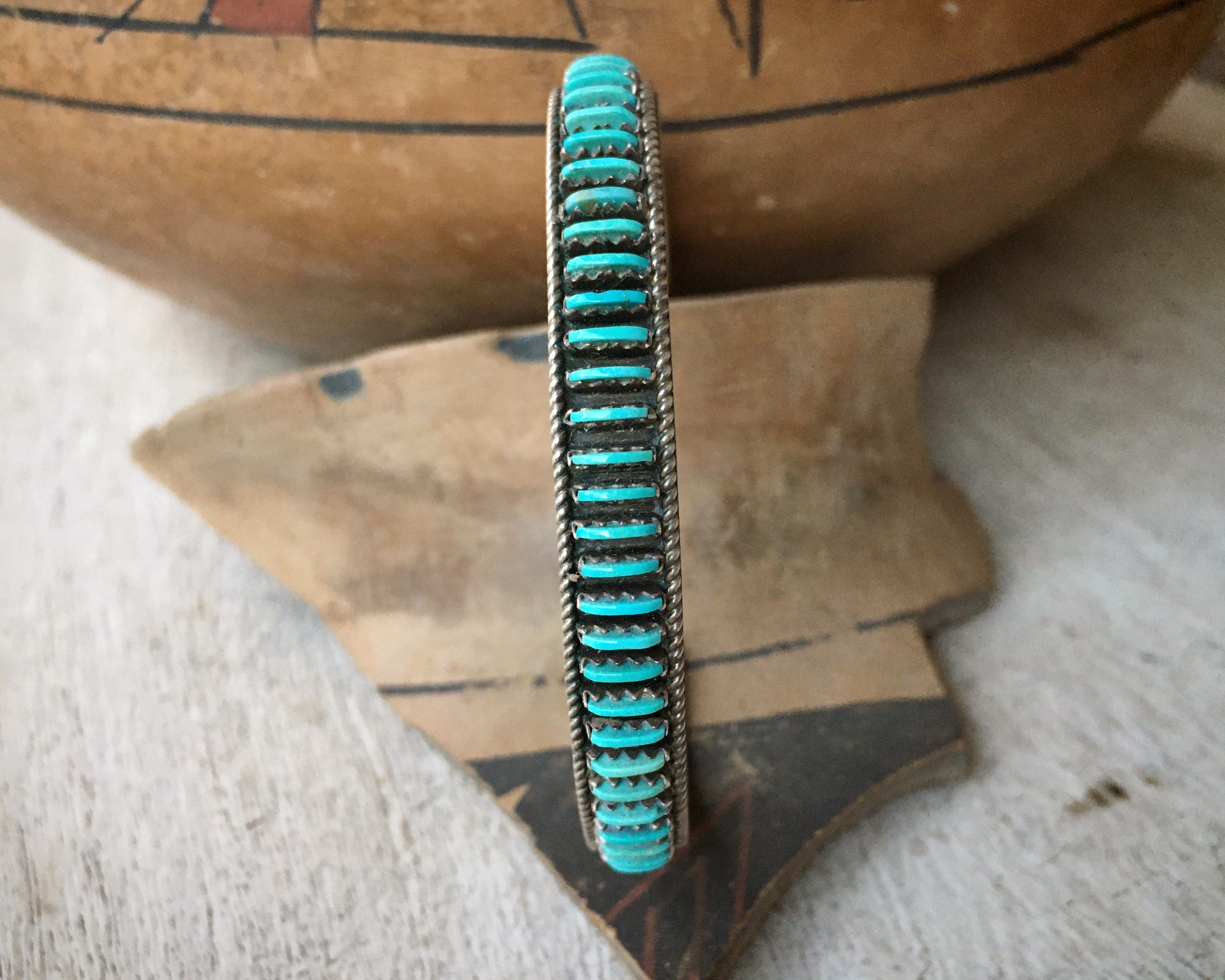 Signed Zuni Jewelry Turquoise Cuff Bracelet Needlepoint Setting, Native
