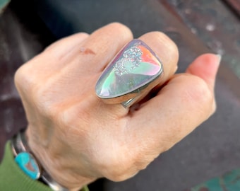 Navajo Philbert Secatero Sterling Silver Druzy Ring Approx Size 9 Slightly Adj Size, Favrene Sheen Hints of Pink, Native American Jewelry