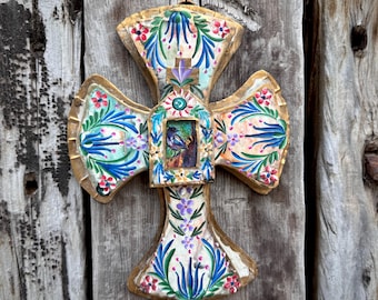 Painted Mexican Tin Cross Shrine Wall Hanging 9 X 12 with Bird Print, Vintage Religious Art