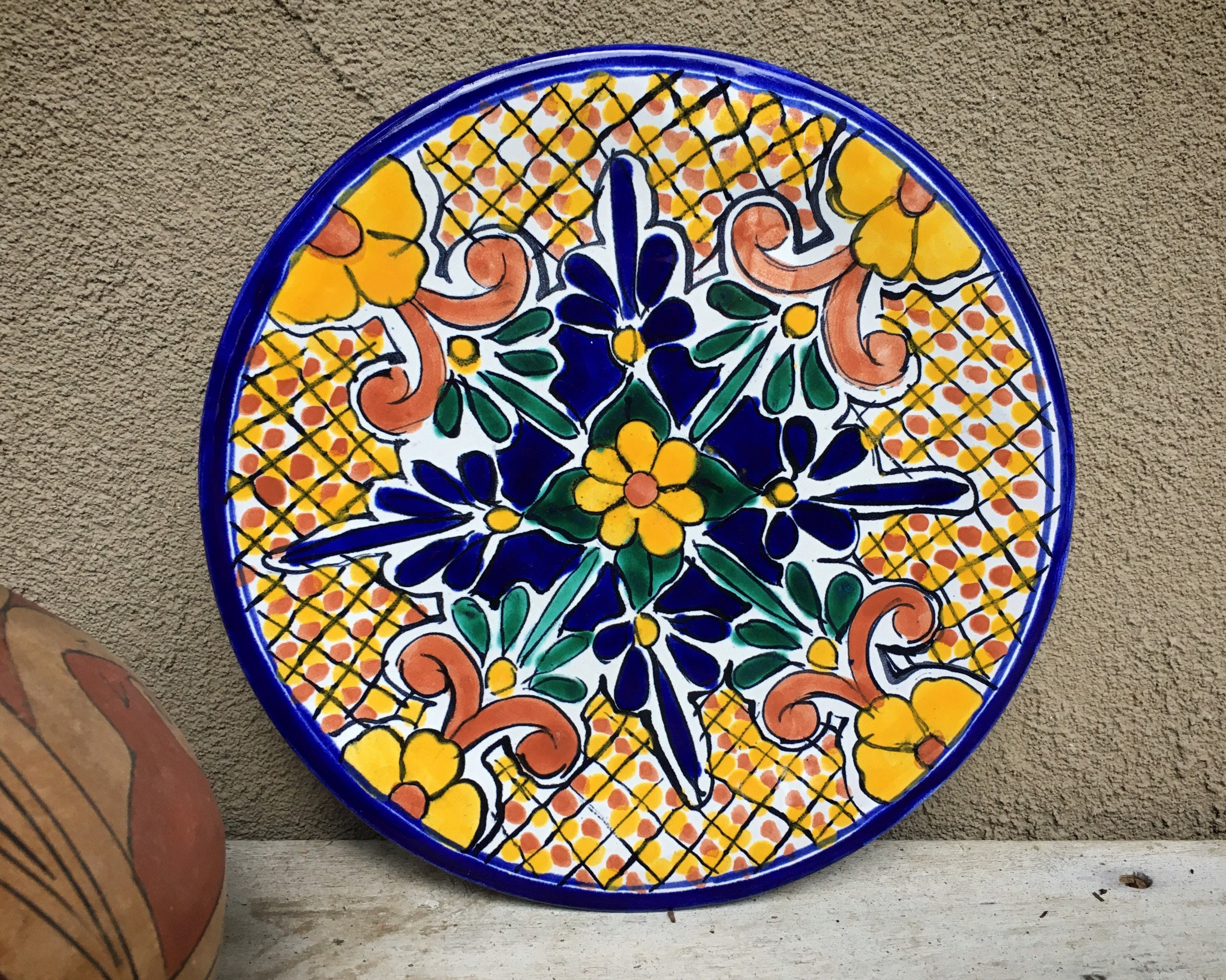 101/4 Mexican Talavera Plate Wall Hanging Yellow Blue, Rustic