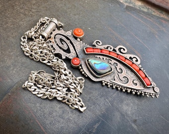 Artisan Sterling Silver Feminine Icon Pendant Necklace with Coral Abalone, Seven Sisters
