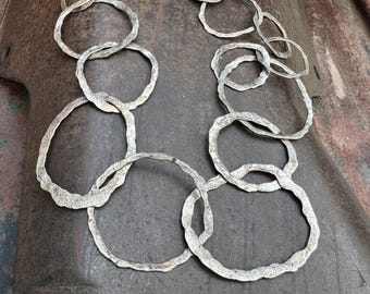 Artisan Hammered Sterling Silver Circle Necklace Approx 30", Over-the-Head