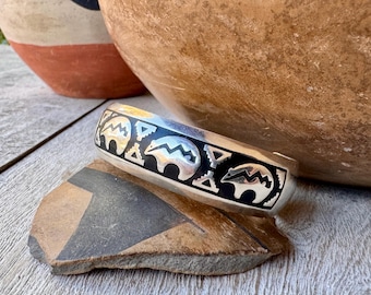 1980s Sterling Silver Overlay Cuff Bracelet Size 6.25, Bear w/ Spirit Line, Signed Webb