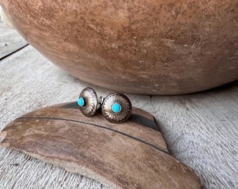 Very Small Mimbres Style Post Earrings Dot of Turquoise, Mixed Metal Southwestern Jewelry