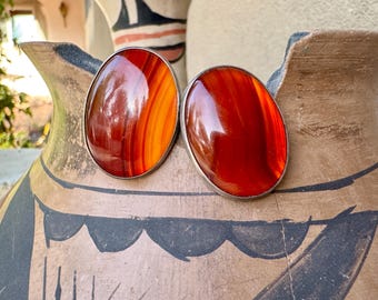 Aspen Artist Jim Hayes Post Earrings Red Silk Agate or Carnelian, Large Ovals