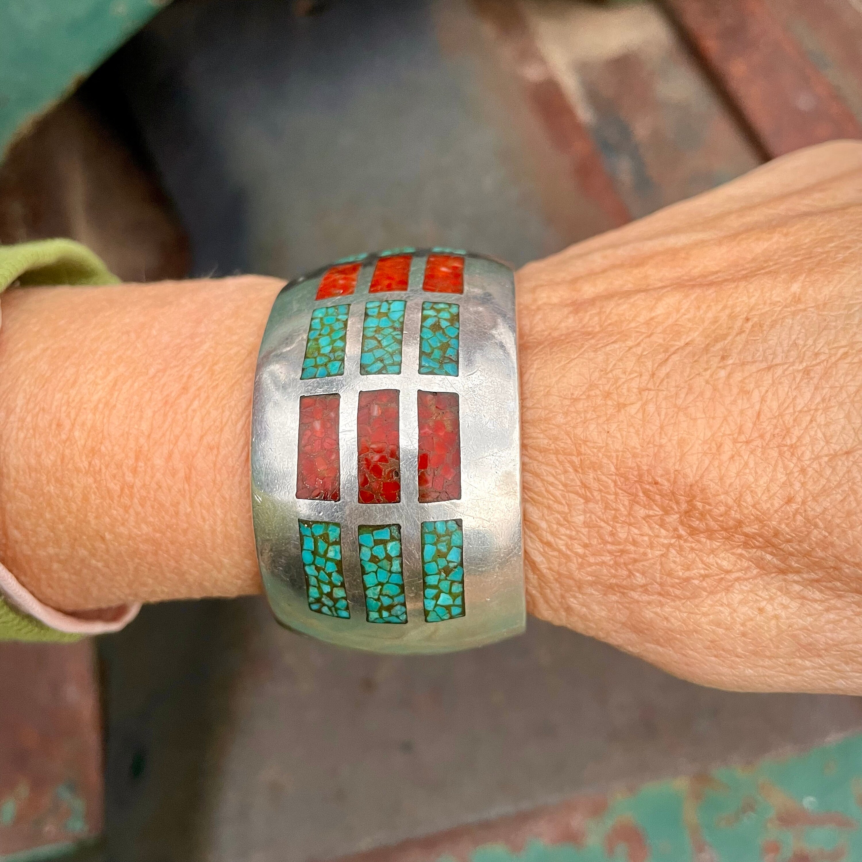 Large Wrist Vintage Native American Navajo Turquoise Inlay Sterling Silver Bracelet Large Wrist Vintage Native American Navajo Turquoise Inlay Sterling Silver Bracelet