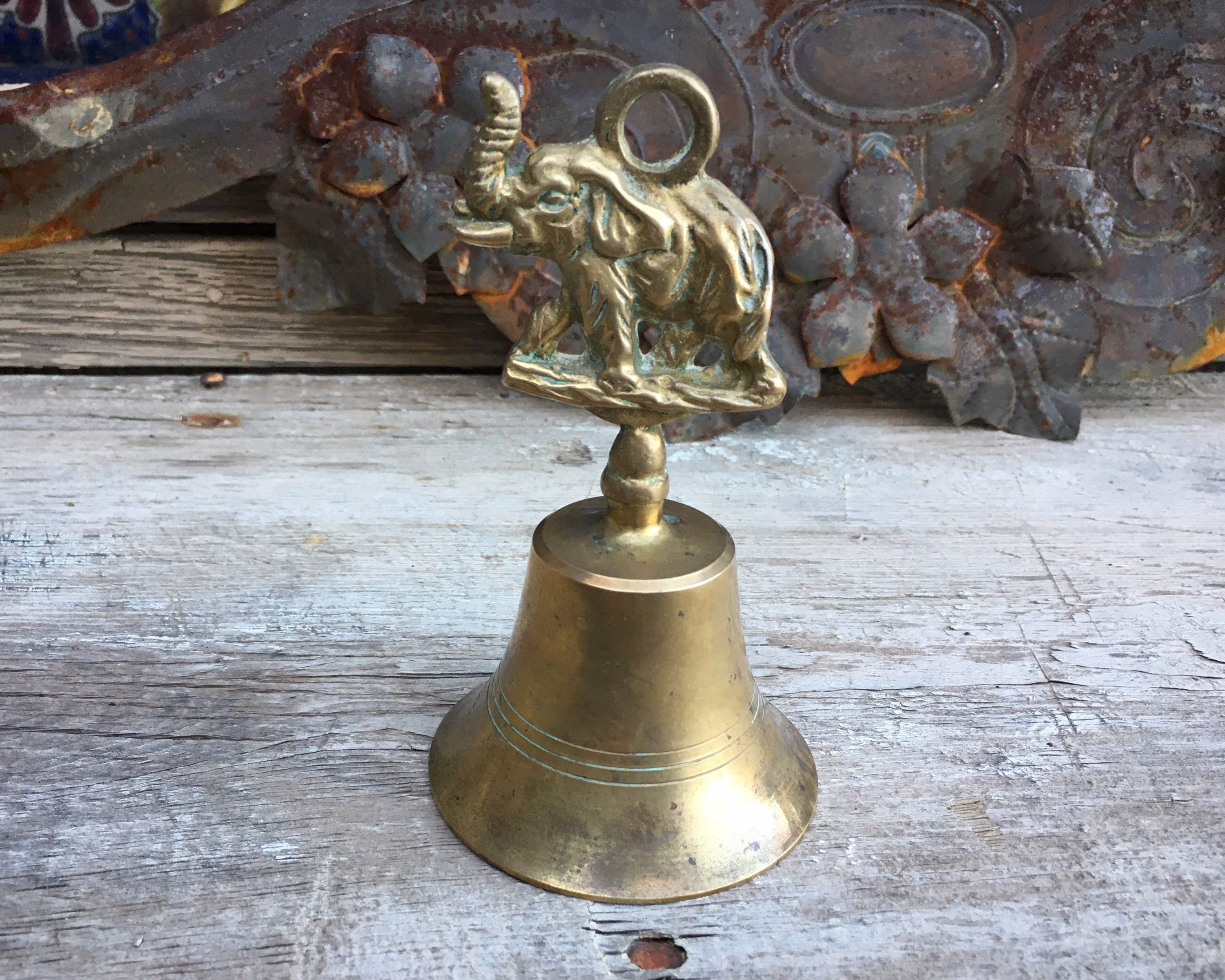 Vintage Brass Bell with Elephant Figural Handle, Bohemian Home Decor