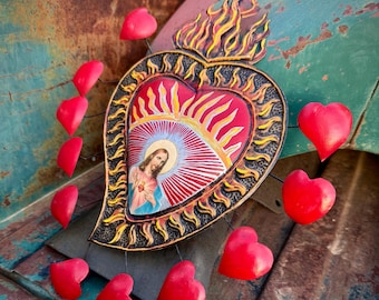 Upcycled Mexican Tin Jesus Christ Sacred Heart w/ "Rays" Wall Hanging 15.5" Tall