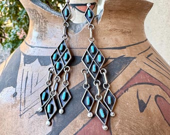 Vintage Zuni Turquoise Chandelier Earrings with Dangles, Approx 3"