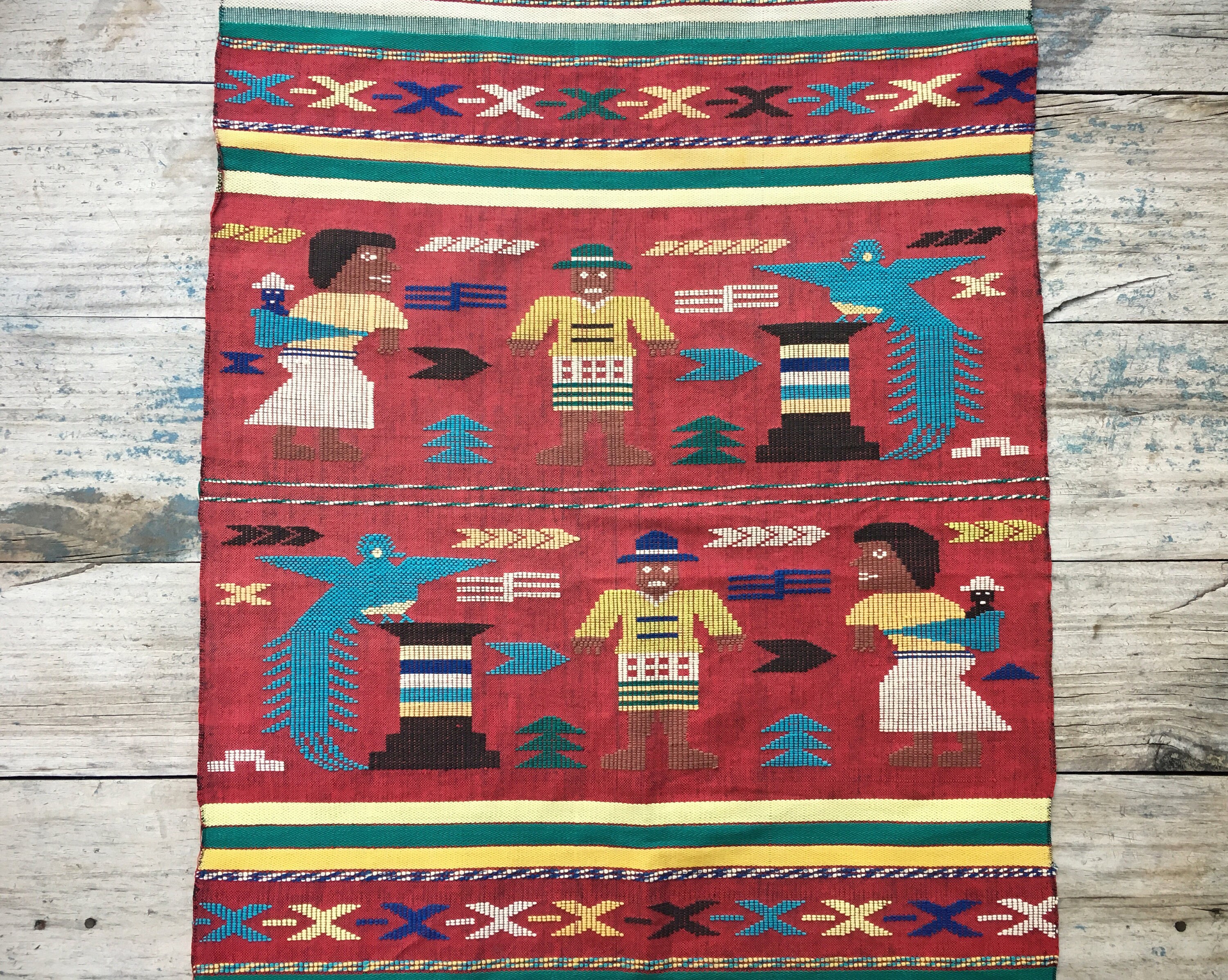 Vintage 22 x 48 Mexican table runner embroidered and woven tapestry ethnic bohemian decor