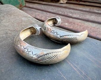 Large Vintage Stamped Sterling Silver Half Hoop Earrings for Women, Simple Navajo Native American