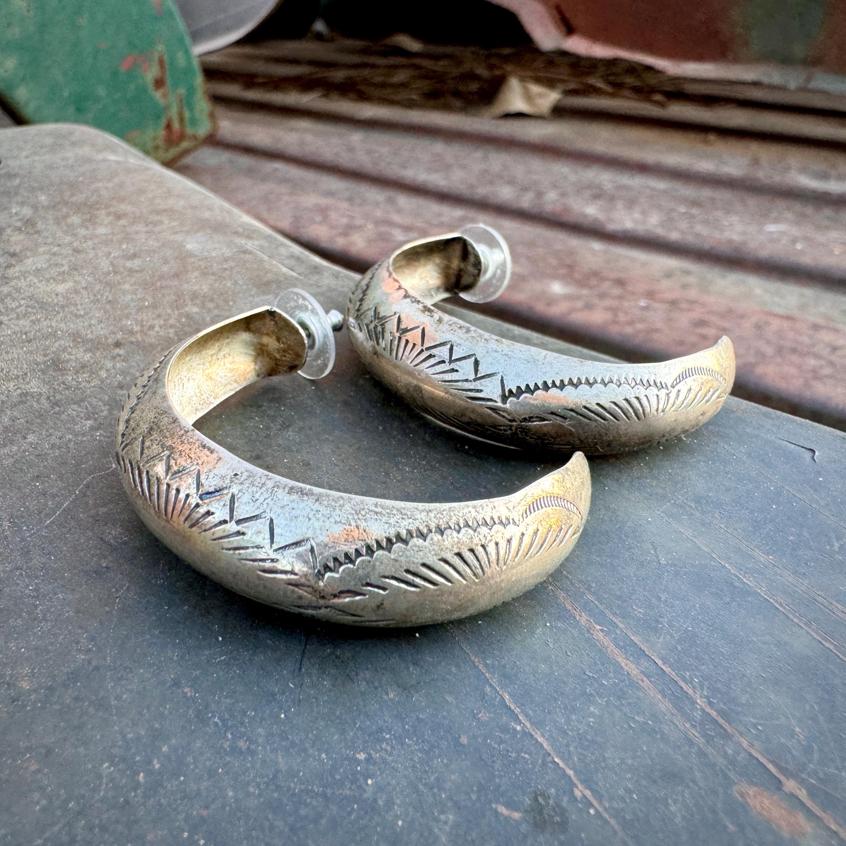 Custom Vintage Native American Navajo Sterling Silver Hoop Earrings Custom Vintage Native American Navajo Sterling Silver Hoop Earrings