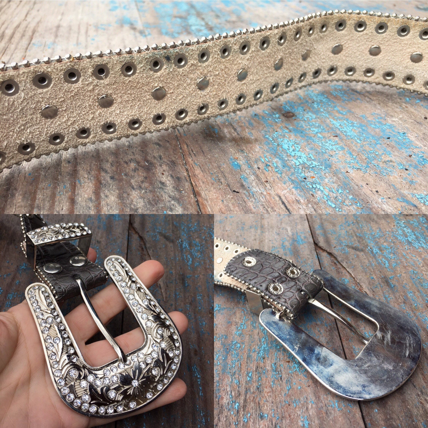 Vintage Western Distressed Embossed Leather Belt with Rhinestone Ring Buckle Vintage Rhinestone Belt & Buckle - Large – Elusive Cowgirl  main image 3
