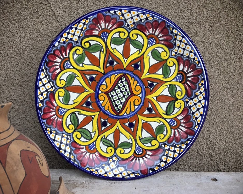 111/2 Mexican Talavera Plate Wall Hanging Blue Yellow, Rustic