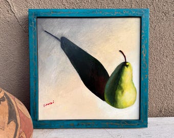 Framed Original Painting Still Life Pear with Shadow, Rustic Modern Decor Minimalist