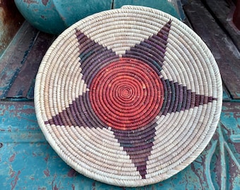 Shallow Woven Basket Bohemian Interior Gallery Wall, Star Design, Earthtone Colors, Southwestern Decor Native Style Coiled Weaving Tiki Home