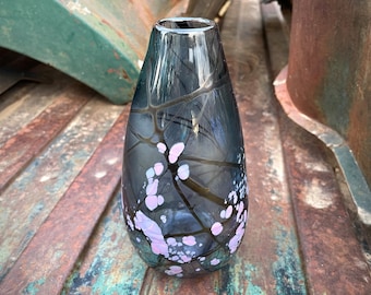 1993 Hand Blown Art Glass Vase Signed, Modern Decor, Luminescent Blue Purple Abstract Design