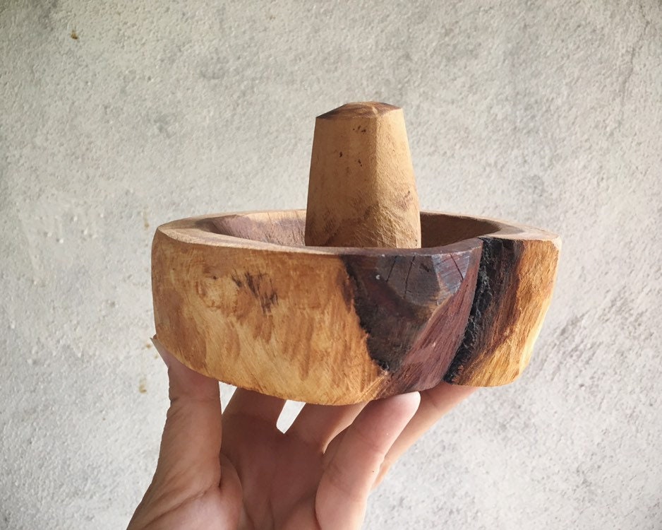 Vintage Burl Wood Grinding Bowl or Metate y Mano Mexican Mortar and Pestle, Molcajete