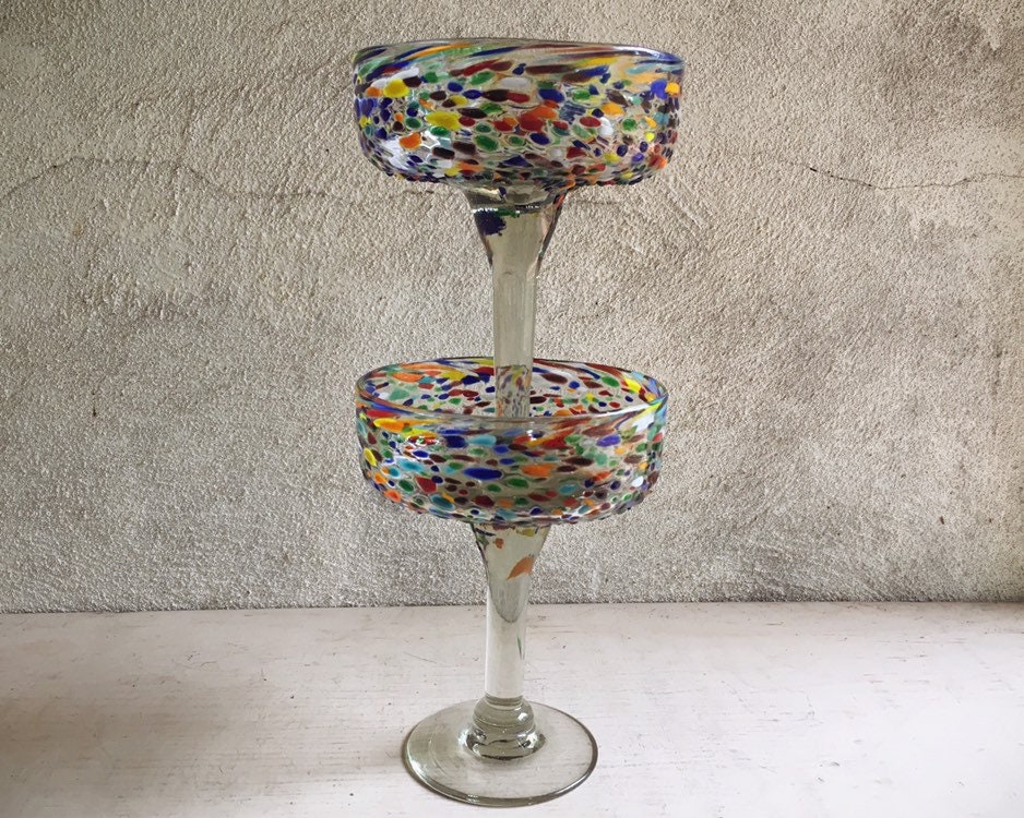 Two Large Mexican Blown Glass Margarita Goblets Speckled Glass, Hand Blown Glass, Southwestern