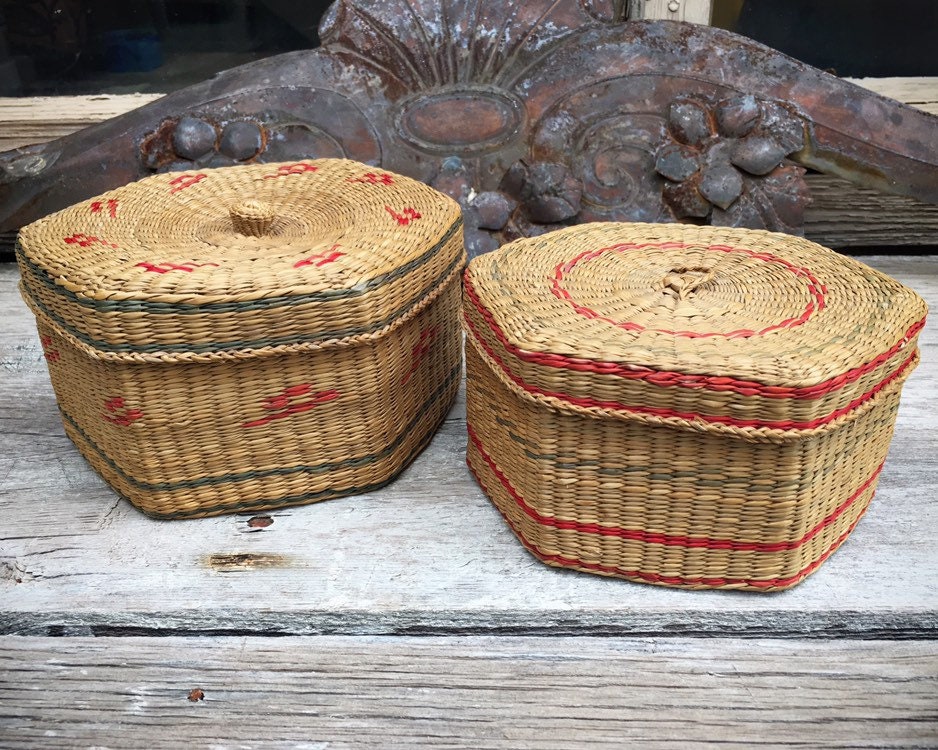 Two Nested Woven Sweetgrass Baskets with Lids, Bohemian Decor, Basket