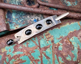 Vintage Navajo Black Onyx Sterling Silver Barrette w/ Hair Stick