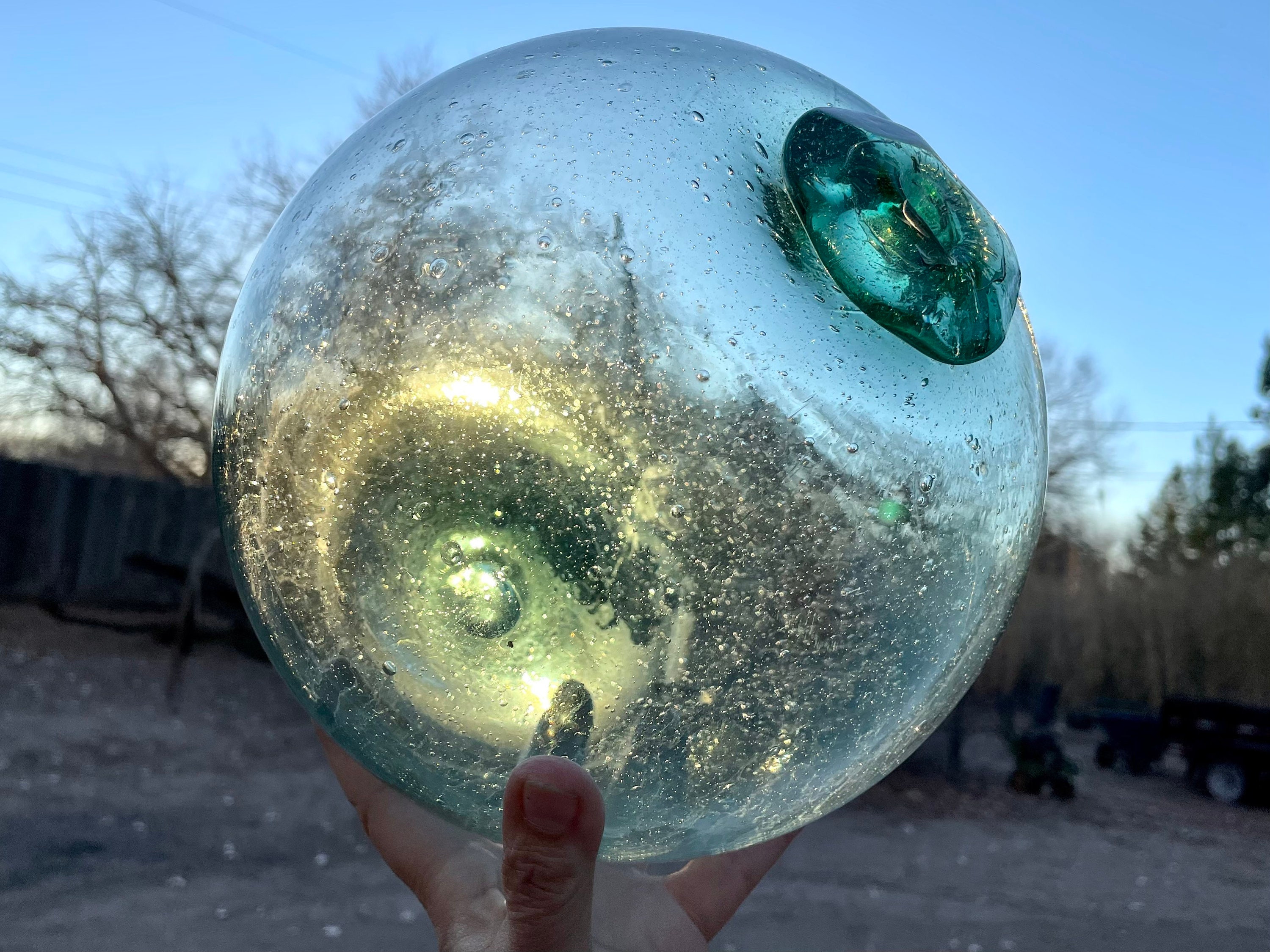 Vintage Glass Fishing Float Ball 9 Diameter 28 Circumference, Green Clear,  Beach Home Decor