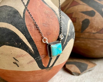 Dainty 5/8" Square Sterling Silver Turquoise Bar Necklace 19", Signed Native American Jewelry