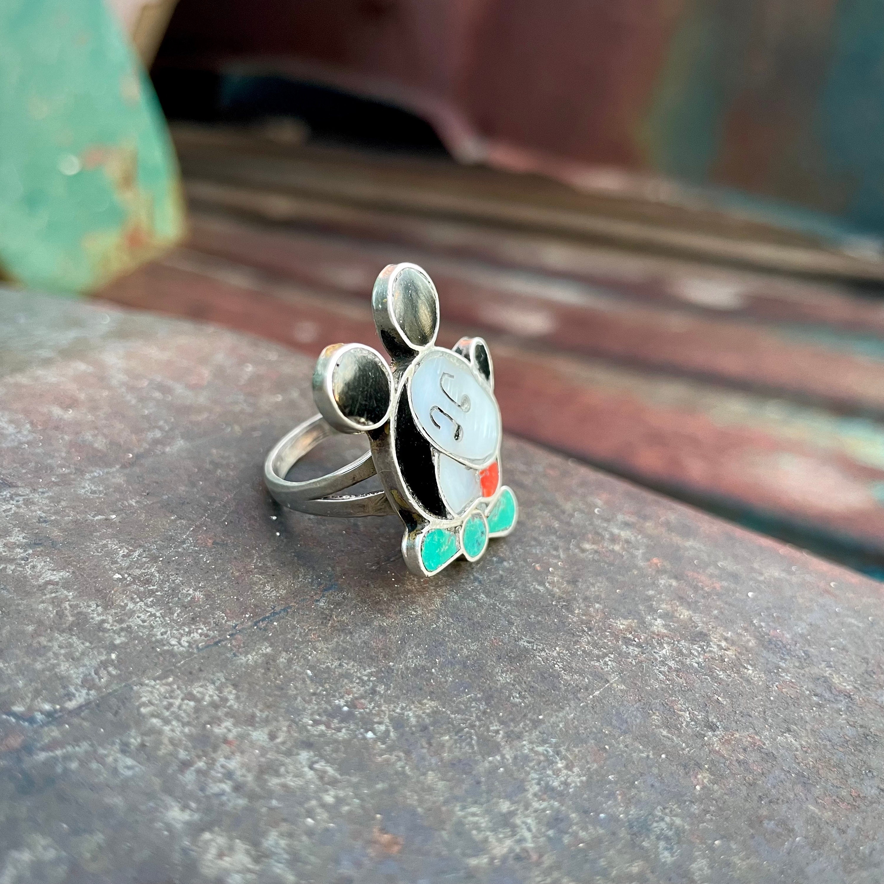Vintage Cartoon Mouse Ring Size 7.5 Turquoise Inlay w