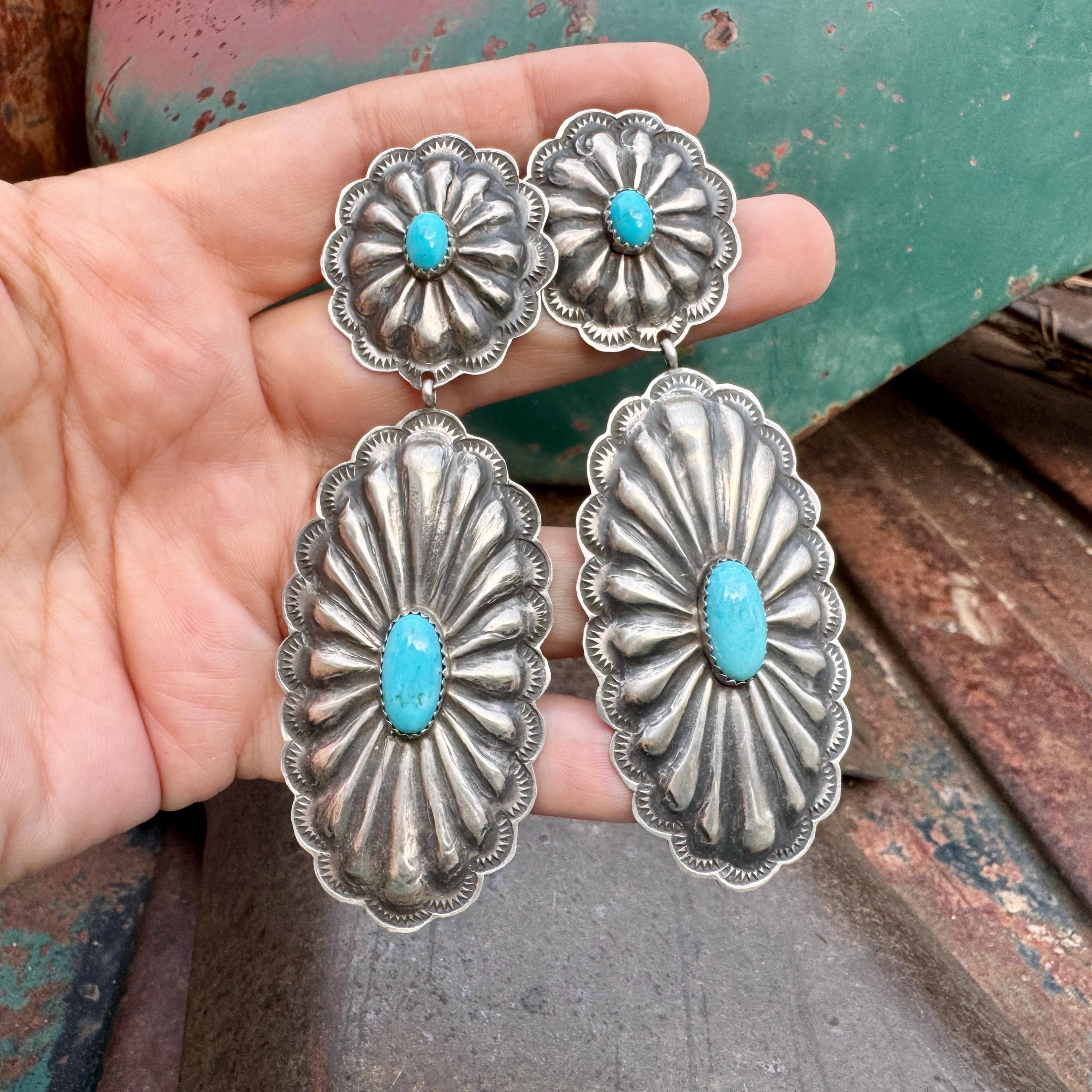 Navajo Rita Lee Large Sterling Silver Concho Turquoise Earrings 3.75