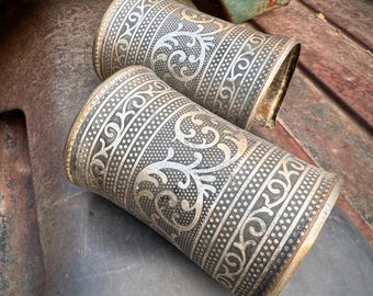 Vintage Pair Tribal Silver Bracelets Wrist Guards, Thin Metal Material Copper Brass Alloy