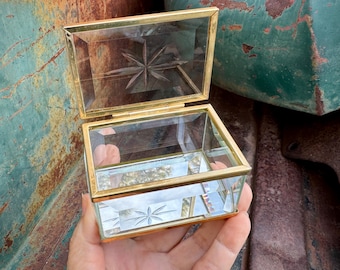 Small Vintage Brass & Beveled Glass Trinket Box Approx 3" x 2", (Small Dent)