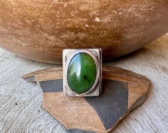 Vintage Tuareg Stamped Tribal Silver & Chrysoprase Signet Ring Size 7.5, Bohemian Jewelry