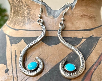 Vintage Tufa Cast Sterling Silver Wavy Earrings w/ Turquoise, Snake Reptile, Navajo Jewelry