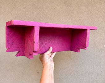 Narrow Rustic Wood Shelf Approx 15" W x 5" H, Wall Mount or Tabletop, Painted Pink