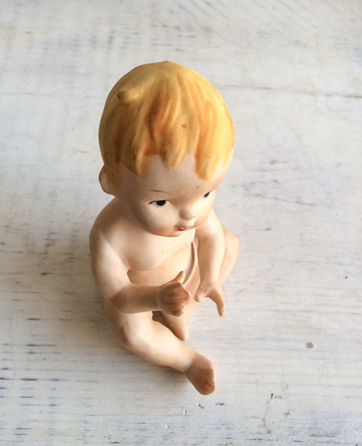 Vintage bisque ceramic piano baby figurine, naked baby porcelain statue