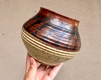 1988 Art Studio Pottery Weed Pot 5" Tall Brown Beige Glaze, Medium Size, Organic Modern Decor