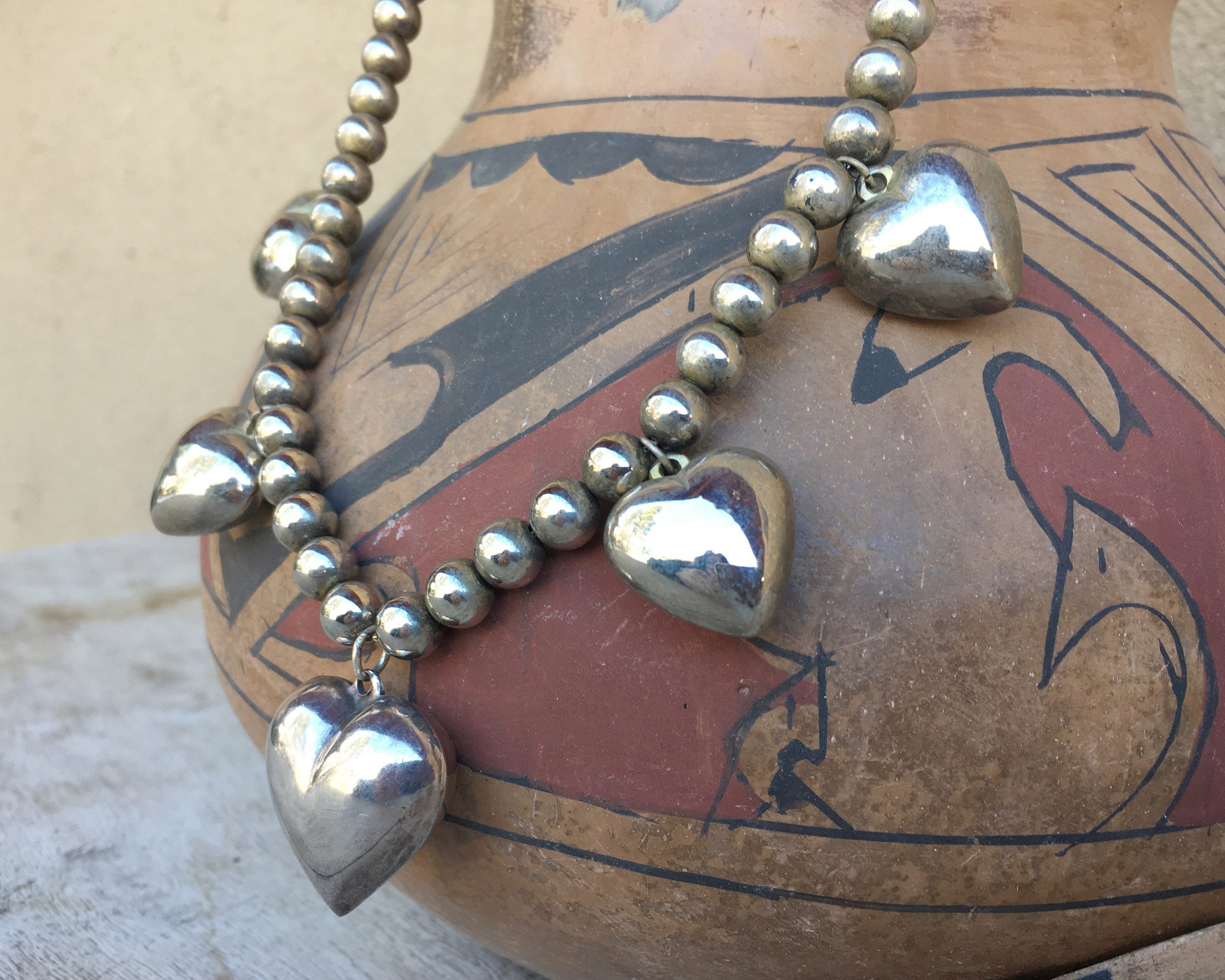 Mexican Silver Bead and Puffy Heart Necklace for Women, Friendship Charm Jewelry, Valentine's Day