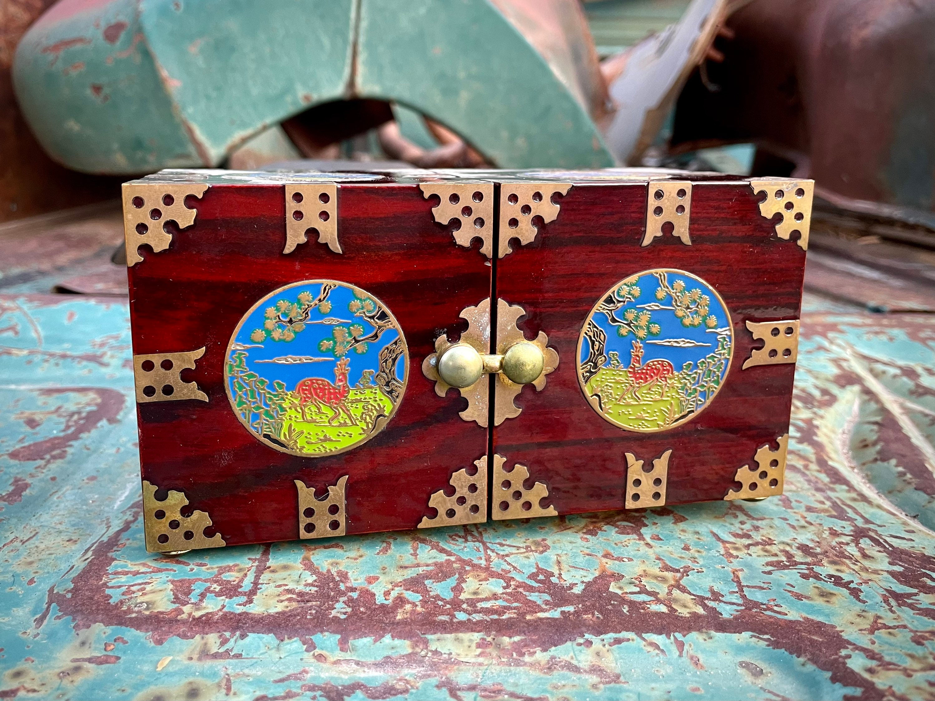 Medium Small Vintage Chinese Puzzle Box of Wood and Brass Metal, Four