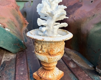 Rusty Old Iron Pedestal Compote w/ Faux White Coral, Cottage Garden Decoration, Rustic Decor