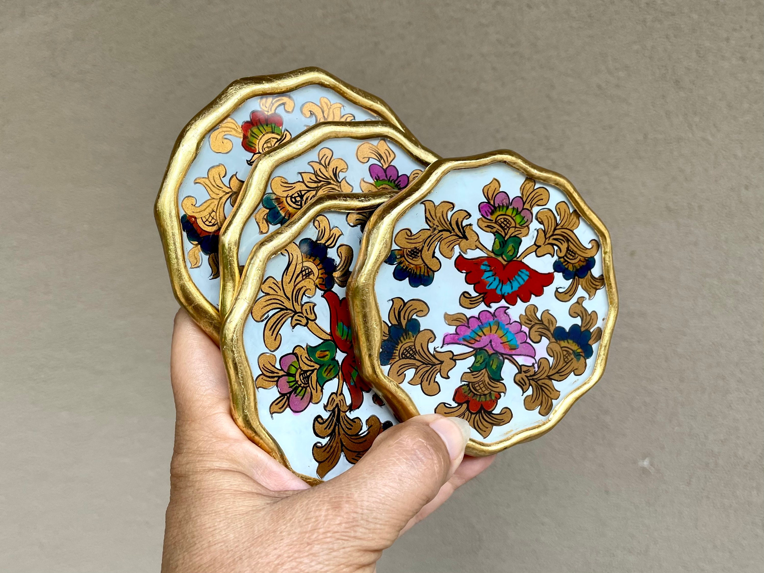 Four Reverse Painted Coasters Peruvian Folk Art, Southwestern Decor