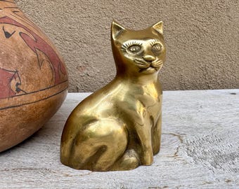 Vintage Brass Cat Figurine 4.75" Tall, Eyelashes Whiskers Cute Face
