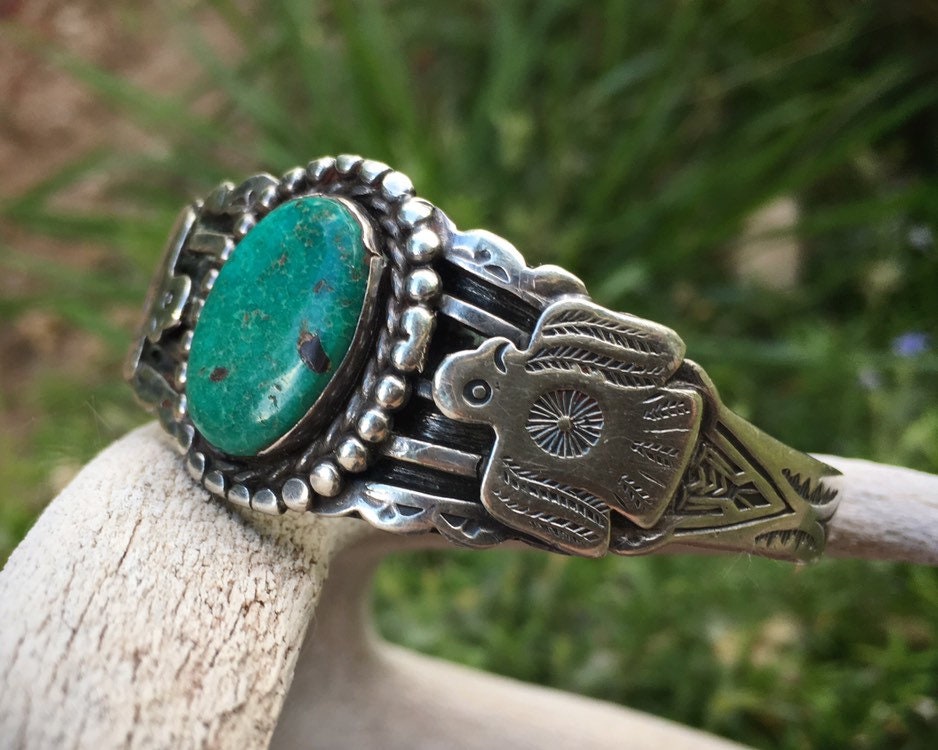 Fred Harvey Era Sterling Silver Thunderbird Turquoise Cuff