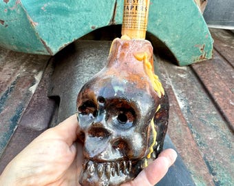 Vintage Mexican Pottery Skull from Barrio de la Luz w/ Melted Candle, Southwestern Decor