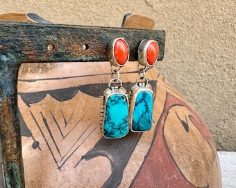 Navajo Glenn & Irene Sandoval Sterling Silver Turquoise Coral Dangle Earrings