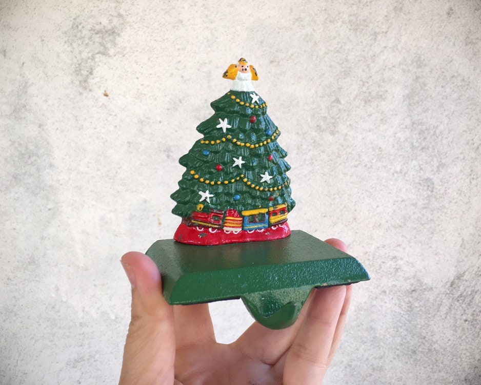 Two Cast Iron Christmas Tree Stocking Holder for Mantle, Vintage