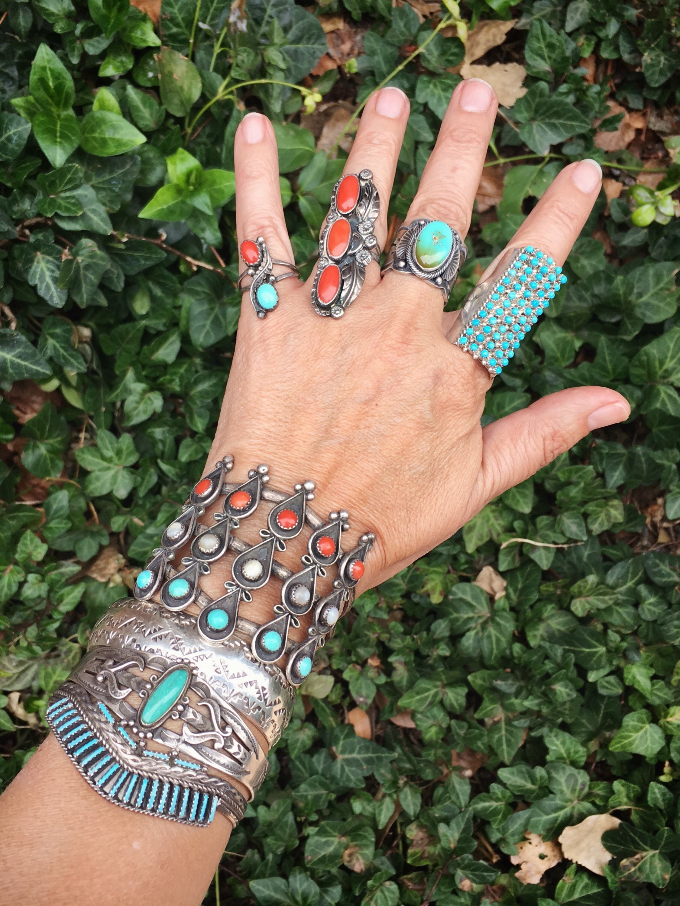 Old Pawn Large Cuff Bracelet Coral Mother of Pearl Turquoise Cuff Native American Indian Jewelry