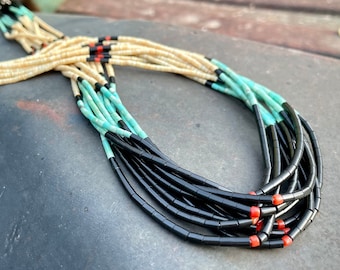 1970s 10-Strand Heishi Necklace Turquoise Jet Coral, Santo Domingo (Kewa) or Navajo Vintage