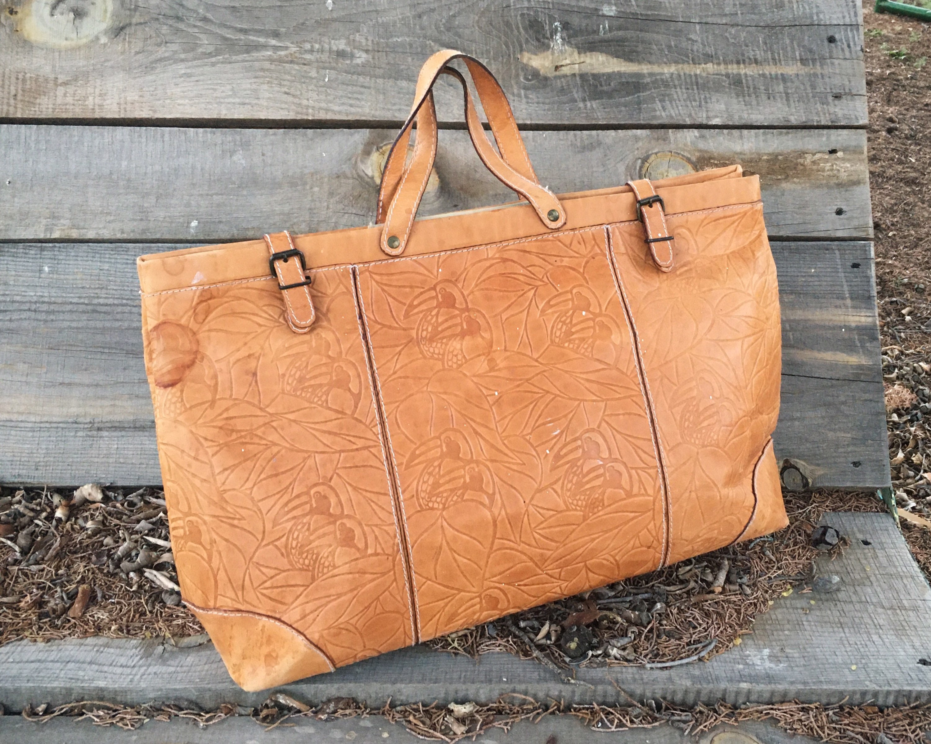 Embossed Leather Tote Bag with Velcro Closure and Fold Over Buckles