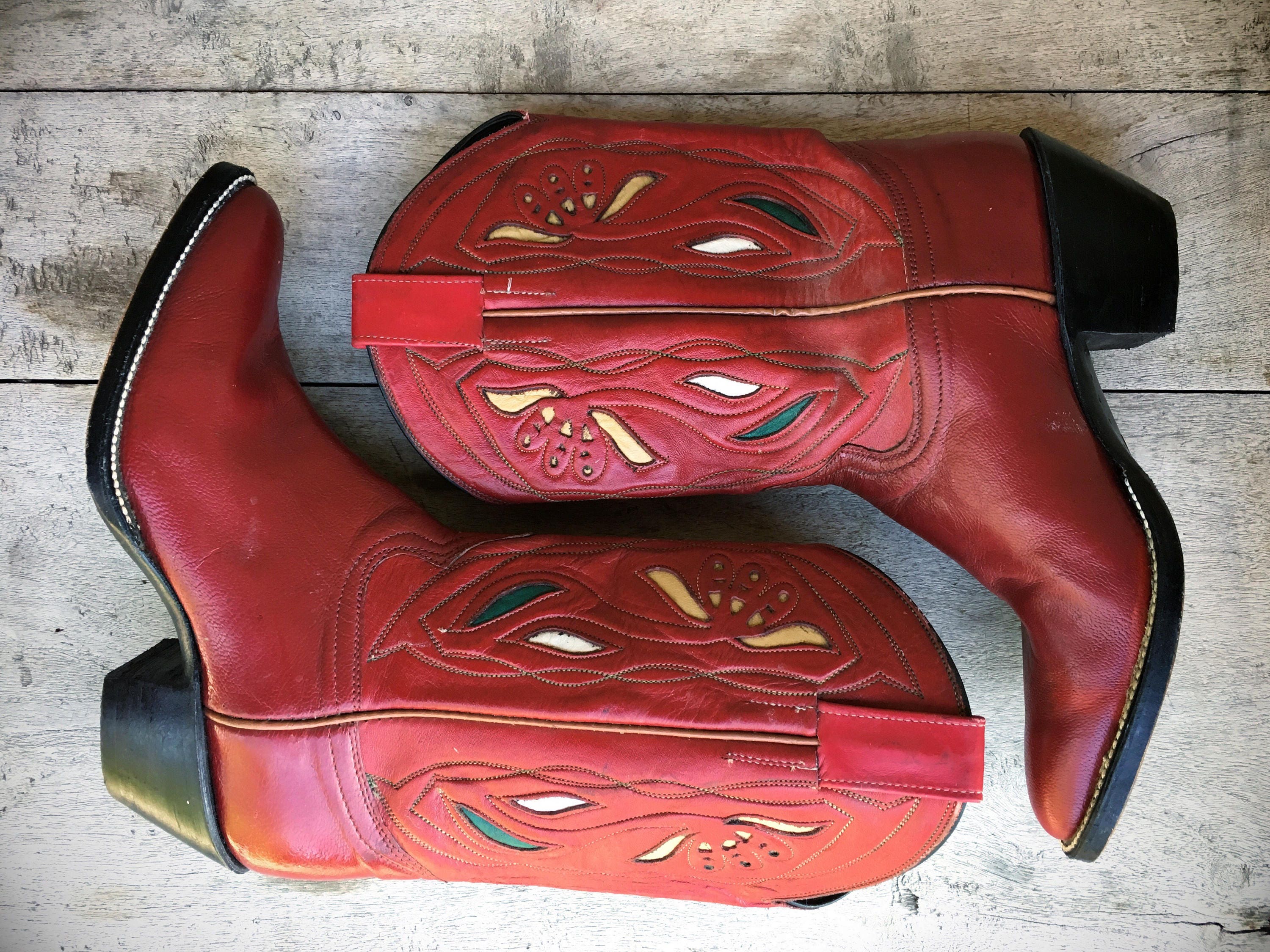 Vintage Women's size 8 M red cowgirl boots, boho rockabilly boots